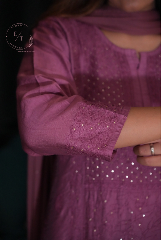 Shama chikankari and mukaish chanderi kurti in purple