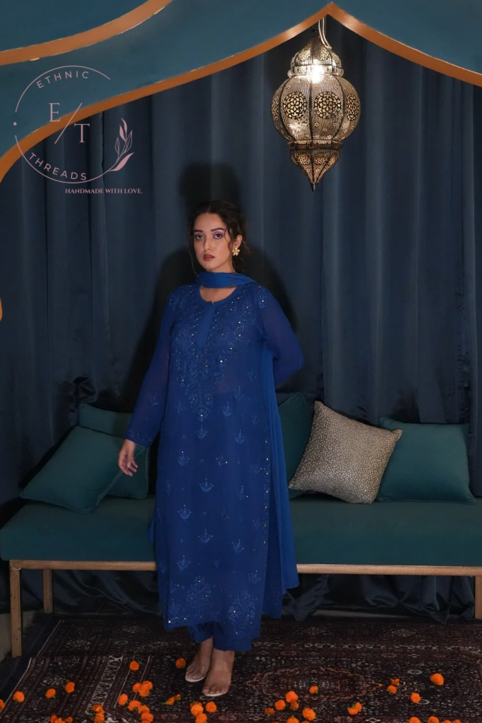 Gulnaaz Chikankari and mukaish kurti in blue