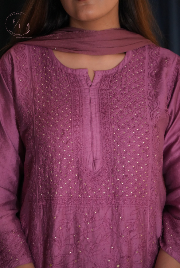 Shama chikankari and mukaish chanderi kurti in purple