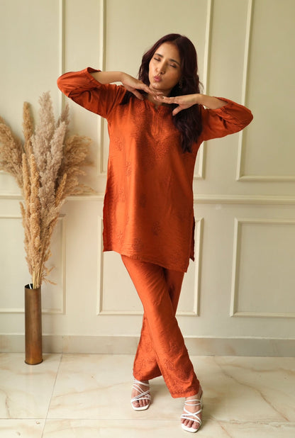 Meher Chikankari co-ord set in Rust