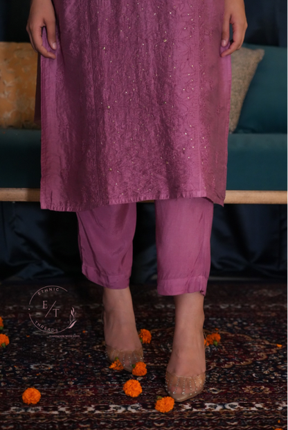 Shama chikankari and mukaish chanderi kurti in purple