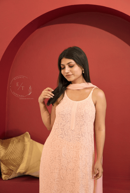 Riva Chikankari noodle strap long kurti in Peach