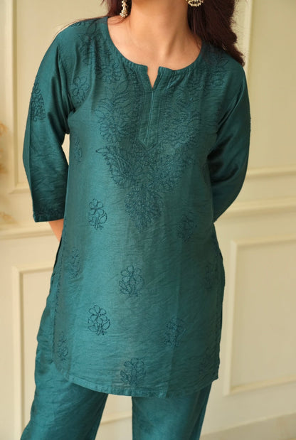 Meher Chikankari co-ord set in Teal blue