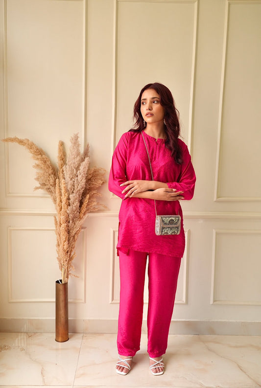 Meher Chikankari co-ord set in Hot pink