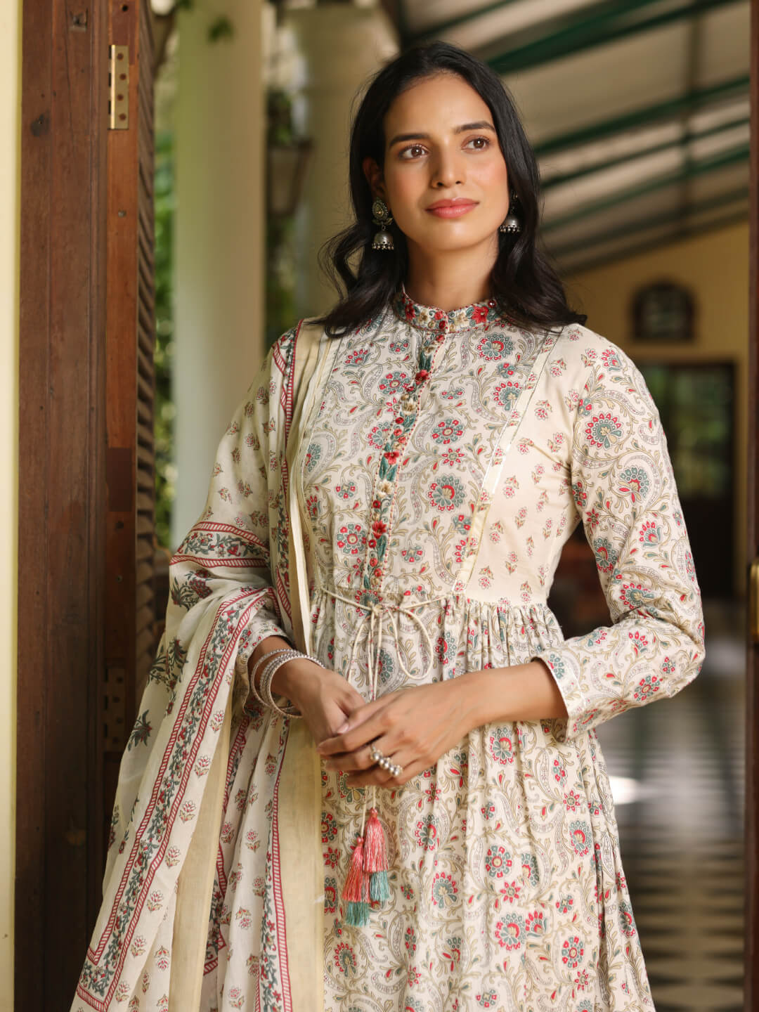 KIRAN - FLORAL PRINT PURE COTTON ANARKALI KURTA SET WITH MULMUL DUPATTA AND INTRICATE EMBROIDERY WORK