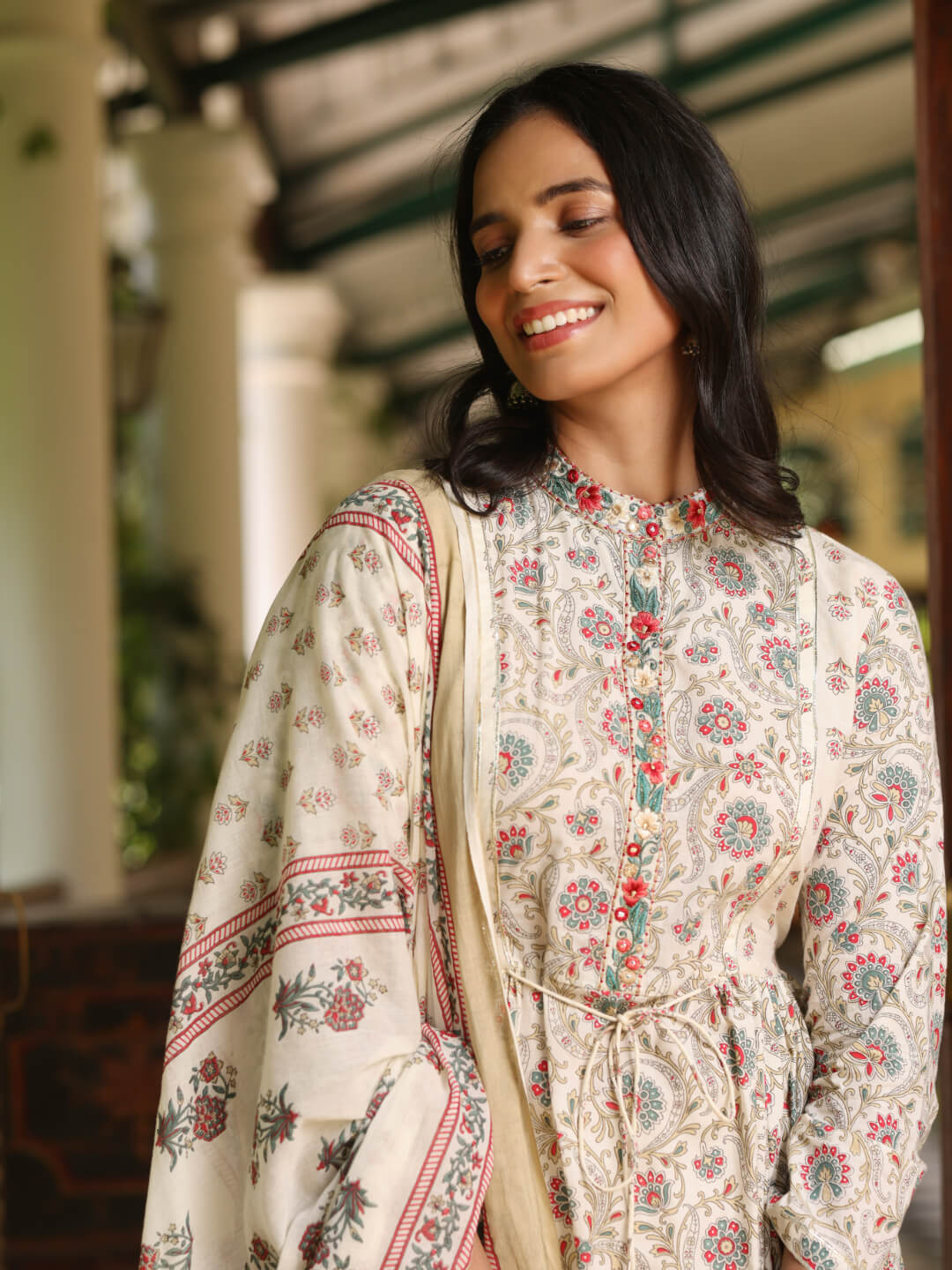 KIRAN - FLORAL PRINT PURE COTTON ANARKALI KURTA SET WITH MULMUL DUPATTA AND INTRICATE EMBROIDERY WORK