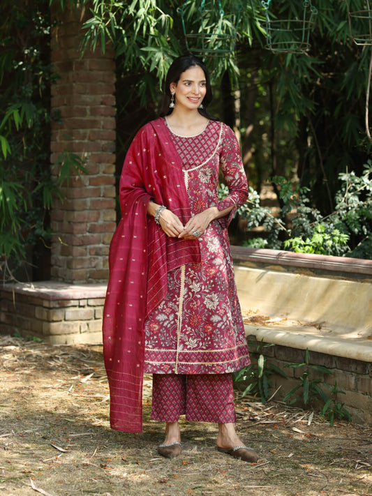 GUL - FLORAL PRINT PURE COTTON A-LINE KURTA SET WITH MULMUL DUPATTA AND INTRICATE EMBROIDERY WORK