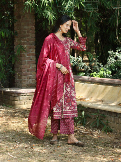 GUL - FLORAL PRINT PURE COTTON A-LINE KURTA SET WITH MULMUL DUPATTA AND INTRICATE EMBROIDERY WORK