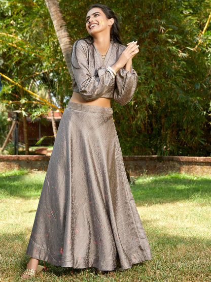 Grey Bead Work At Yoke Naysha Unique Jacquard Flaired Skirt Top