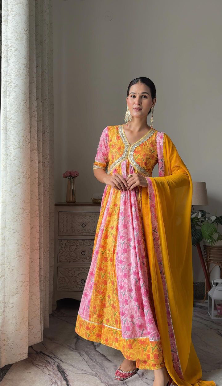 Yellow and Pink Lurex Anarkali