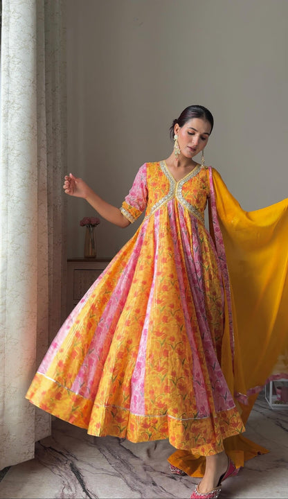 Yellow and Pink Lurex Anarkali