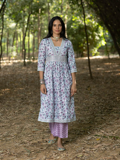 BARKHA - DIGITAL PRINTED KURTA SET WITH ALIA CUT STYLE ON EMBROIDERD FABRIC AND HANDWORK NECKLINE