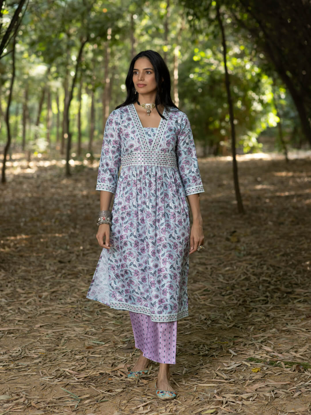 BARKHA - DIGITAL PRINTED KURTA SET WITH ALIA CUT STYLE ON EMBROIDERD FABRIC AND HANDWORK NECKLINE