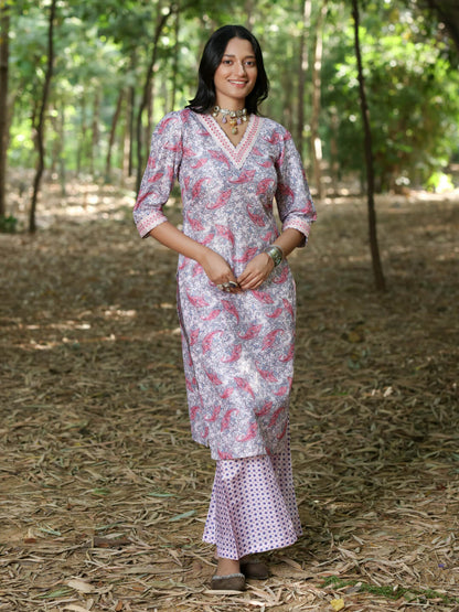 GULABARI - DIGITAL PRINTED KURTA SET ON EMBROIDERD FABRIC WITH HANDWORK NECKLINE