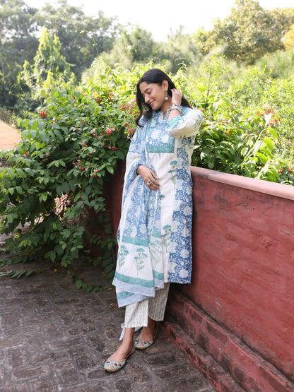 BAADAL - BLOCK PRINT PURE COTTON DOBBY STRAIGHT KURTA SET WITH MULMUL DUPATTA AND INTRICATE EMBROIDERY