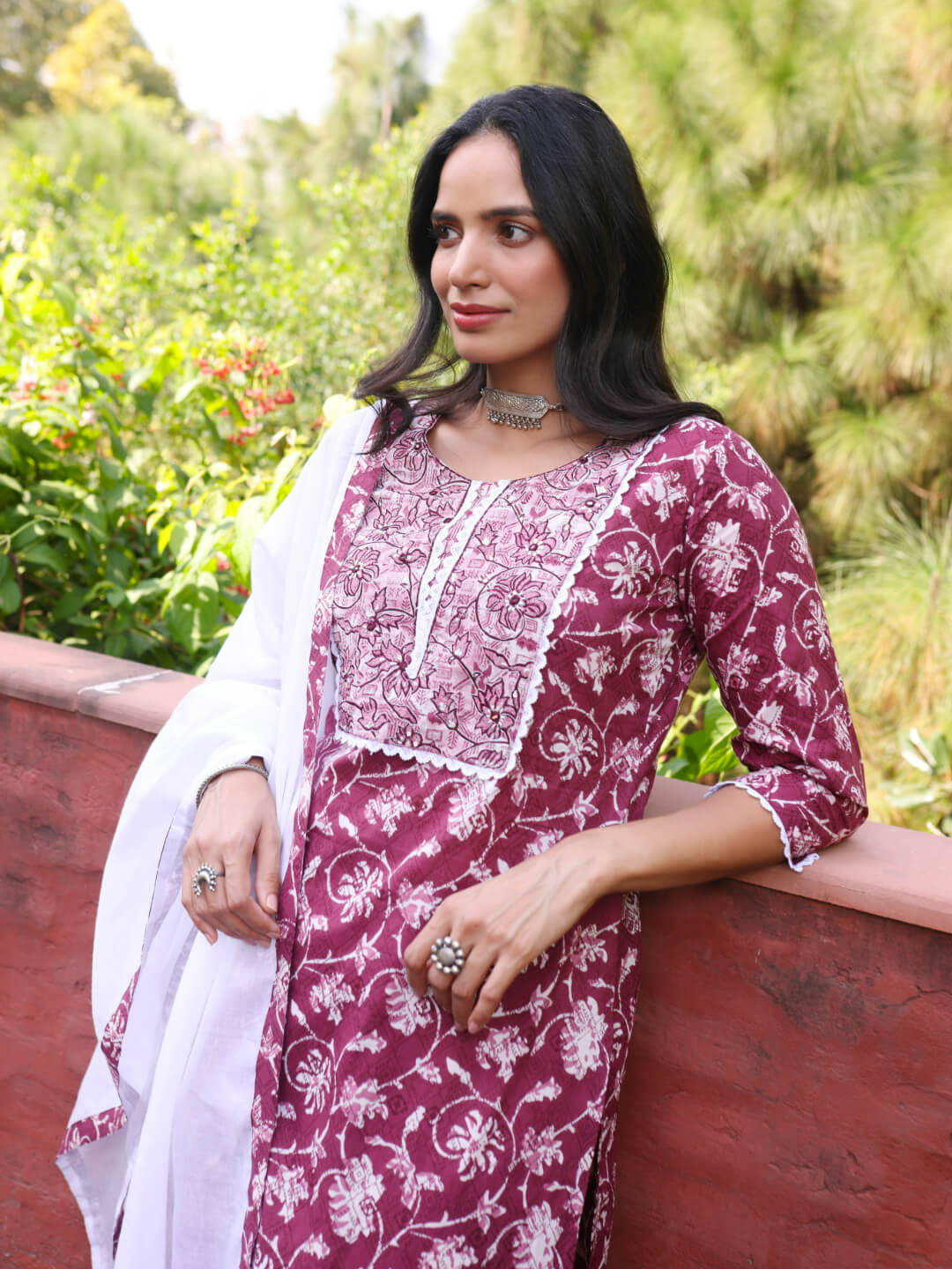 GULSHAN - FLORAL PRINT PURE COTTON STRAIGHT  KURTA SET WITH MULMUL DUPATTA AND INTRICATE EMBROIDERY WORK