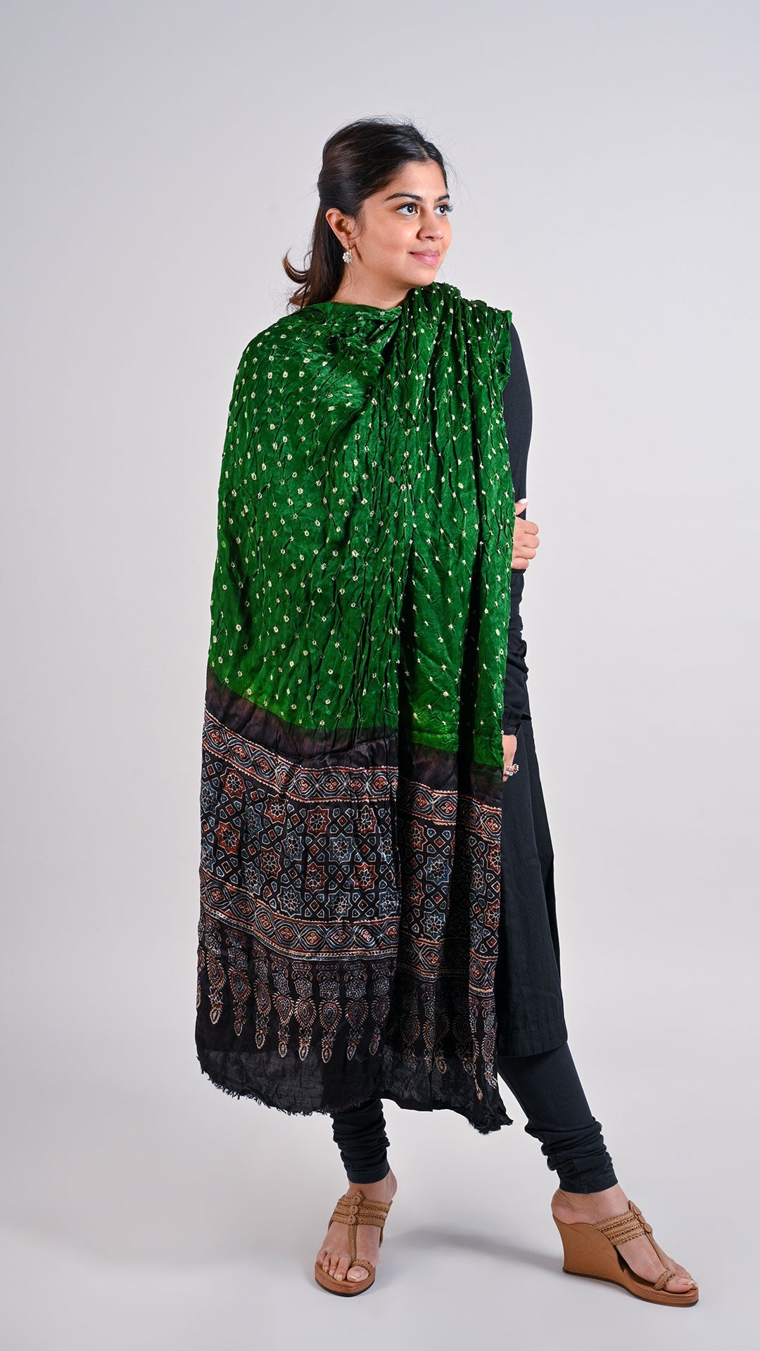 Green Bandhani Ajrakh Dupatta In Modal Silk