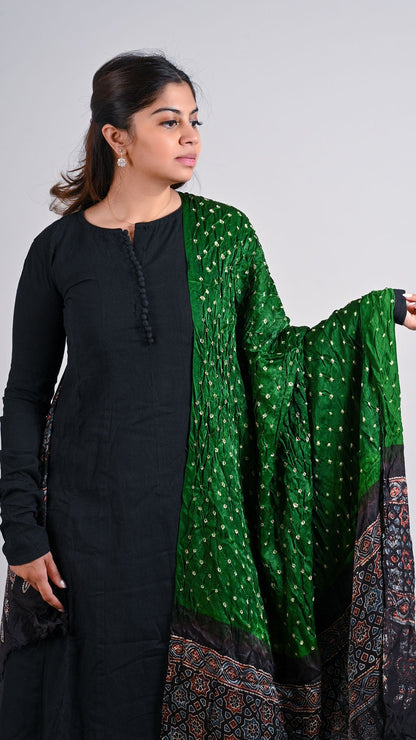 Green Bandhani Ajrakh Dupatta In Modal Silk