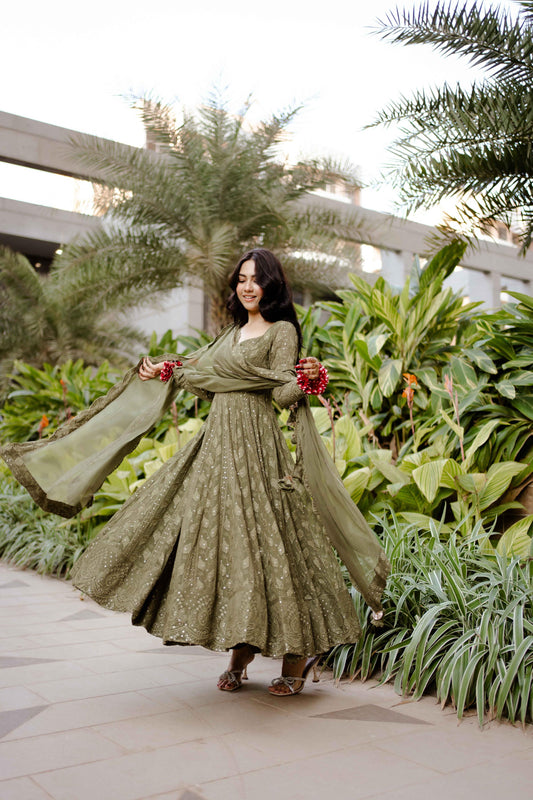 Mehndi Green Chikankari Anarkali Suit Set (SET OF 3)