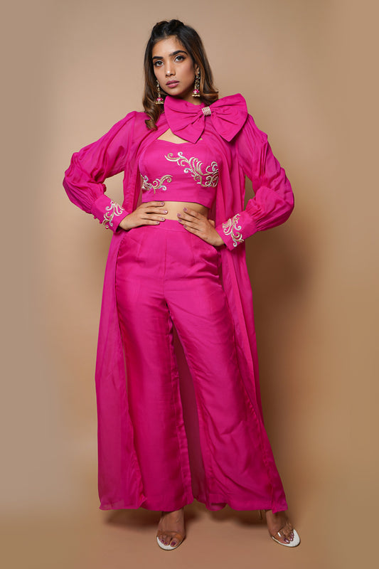 Hot Pink Cape Indowestern Set- (Set Of 4)