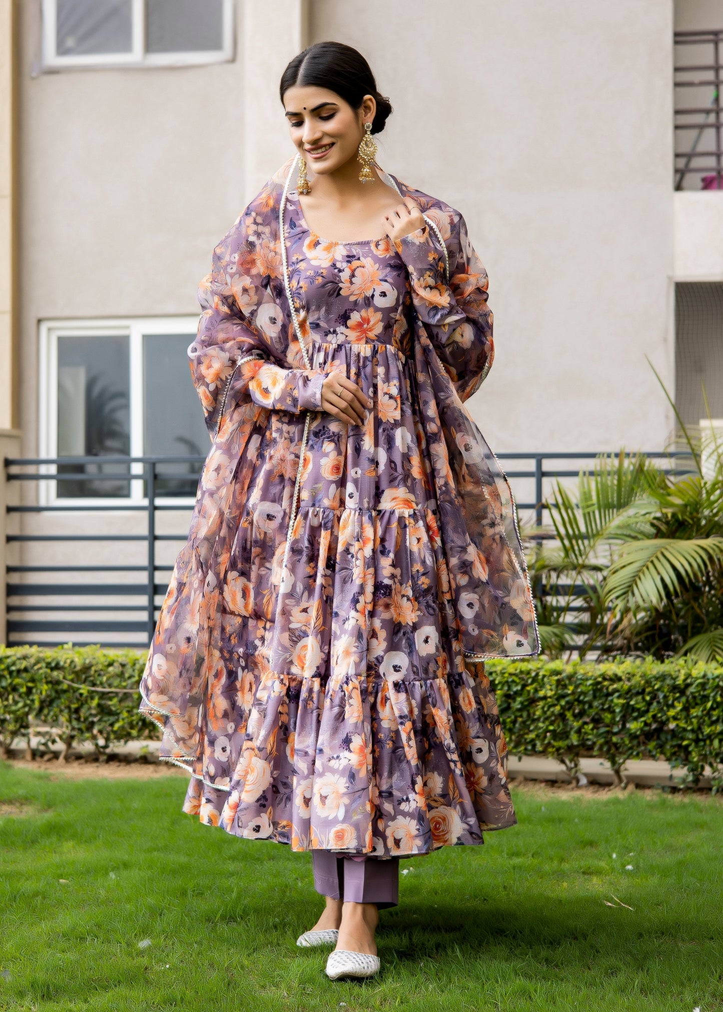 Viola Purple Floral Printed Anarkali