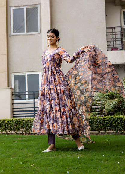 Viola Purple Floral Printed Anarkali