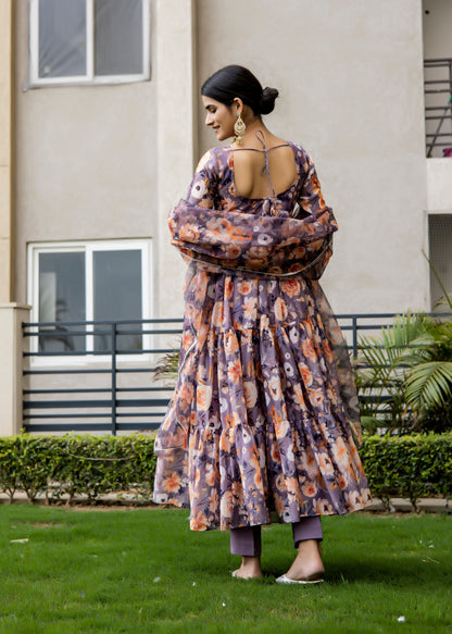 Viola Purple Floral Printed Anarkali