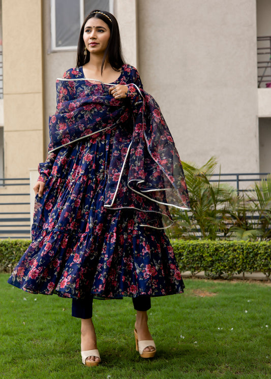 Navy Blue Floral Printed Anarkali