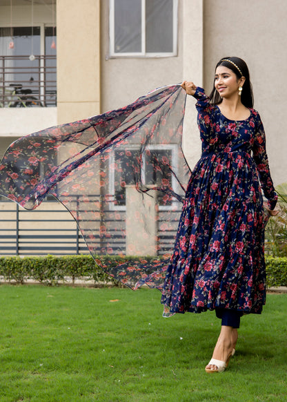 Navy Blue Floral Printed Anarkali