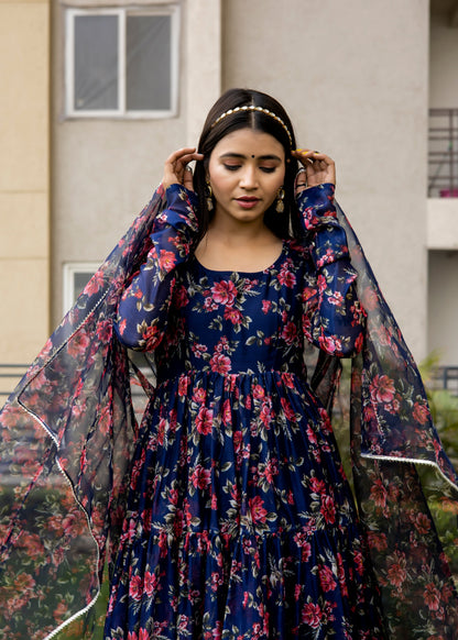 Navy Blue Floral Printed Anarkali