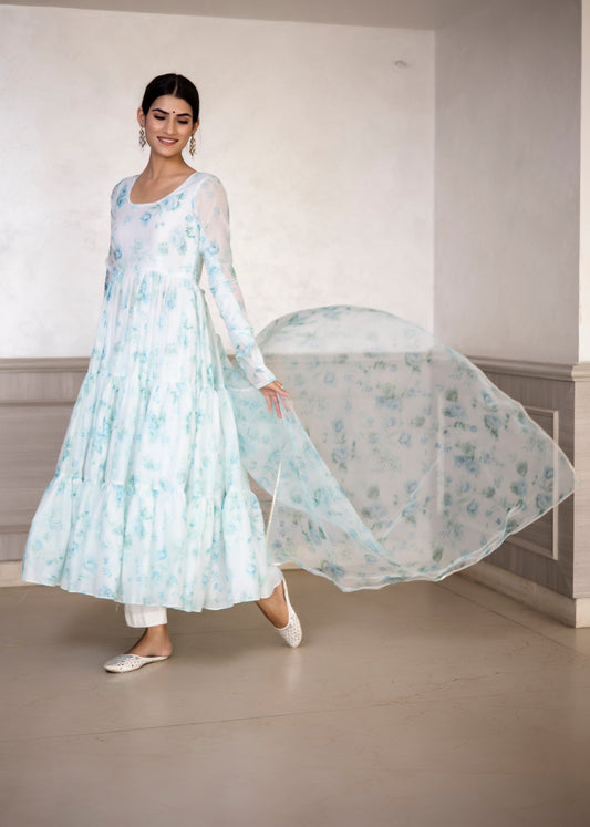 Aqua White Floral Printed Anarkali