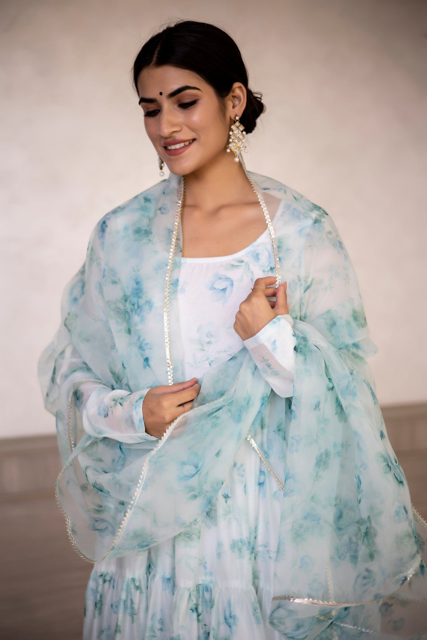 Aqua White Floral Printed Anarkali