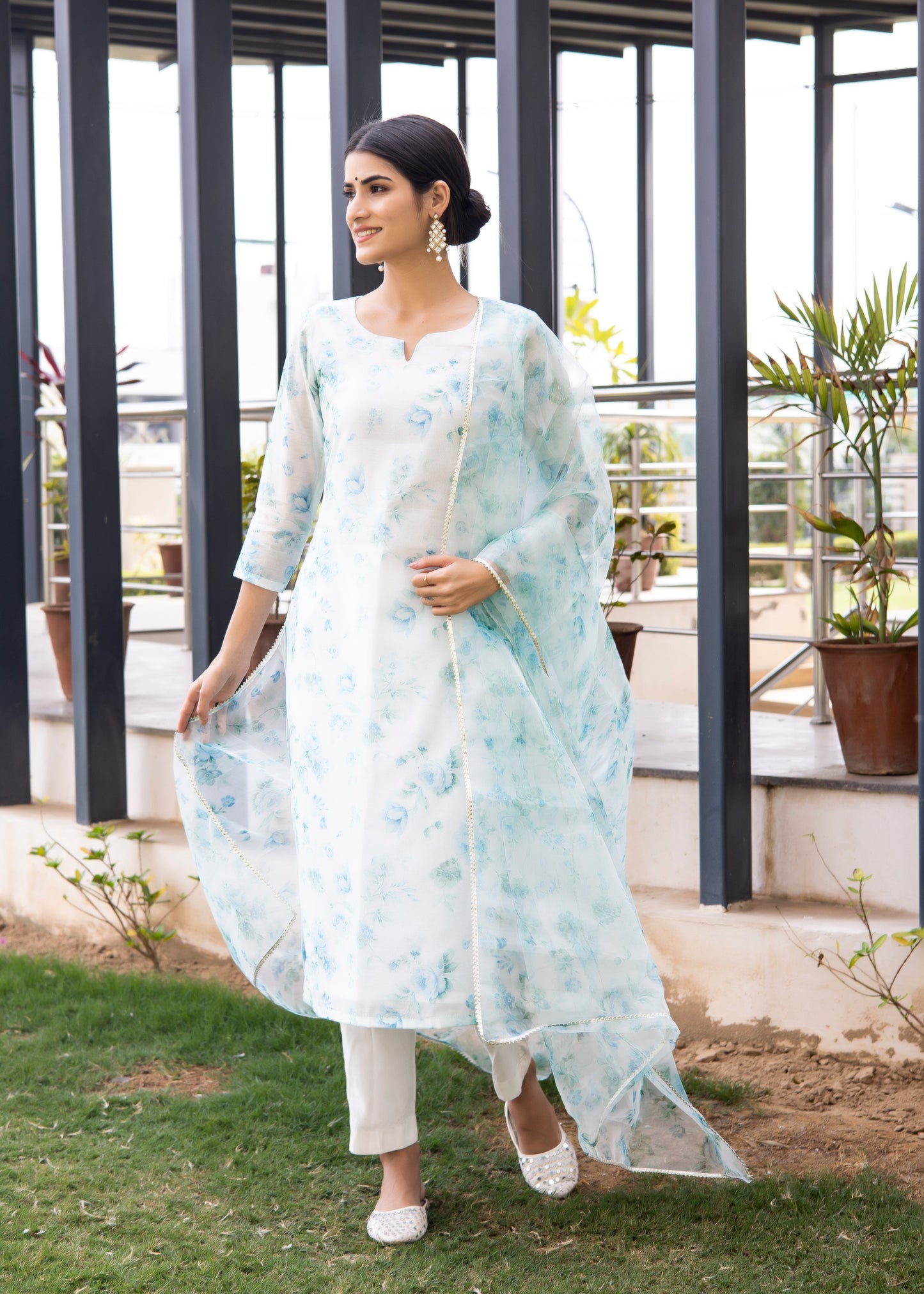 Aqua White Floral Printed Suit Set