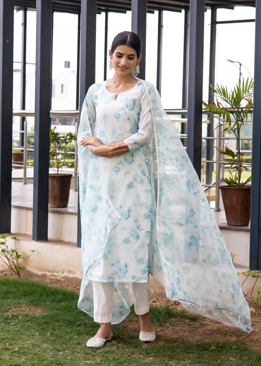 Aqua White Floral Printed Suit Set