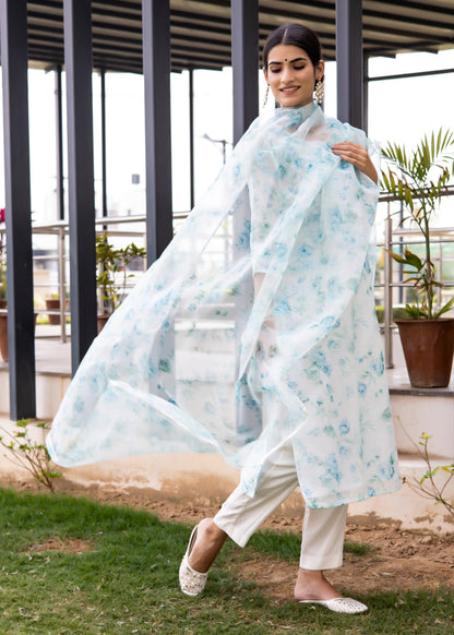 Aqua White Floral Printed Suit Set