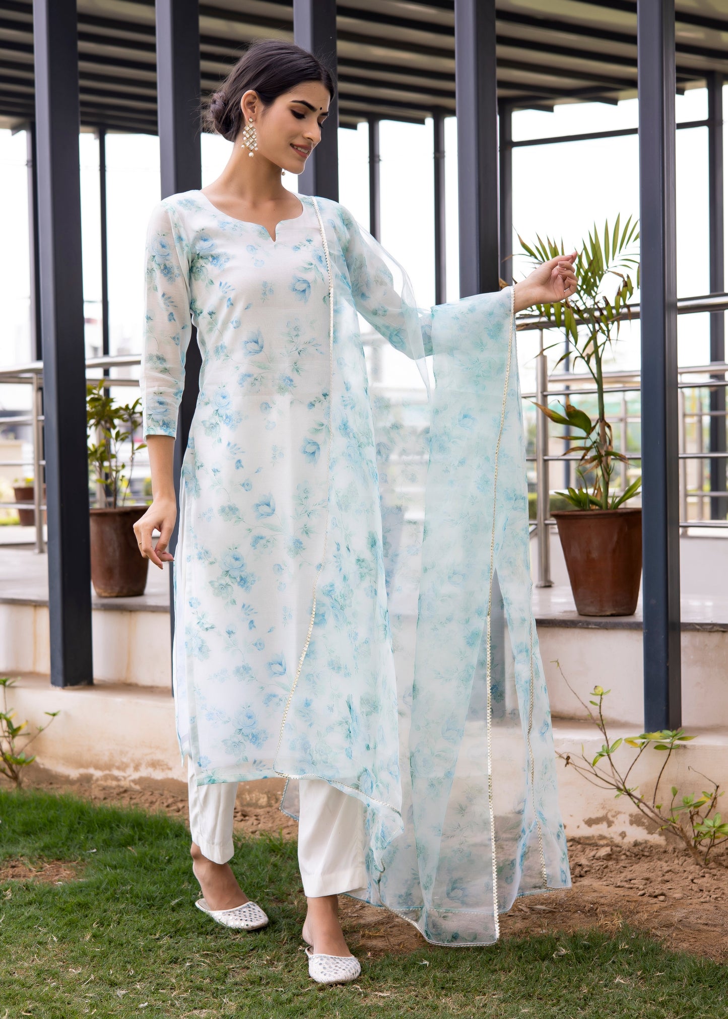 Aqua White Floral Printed Suit Set