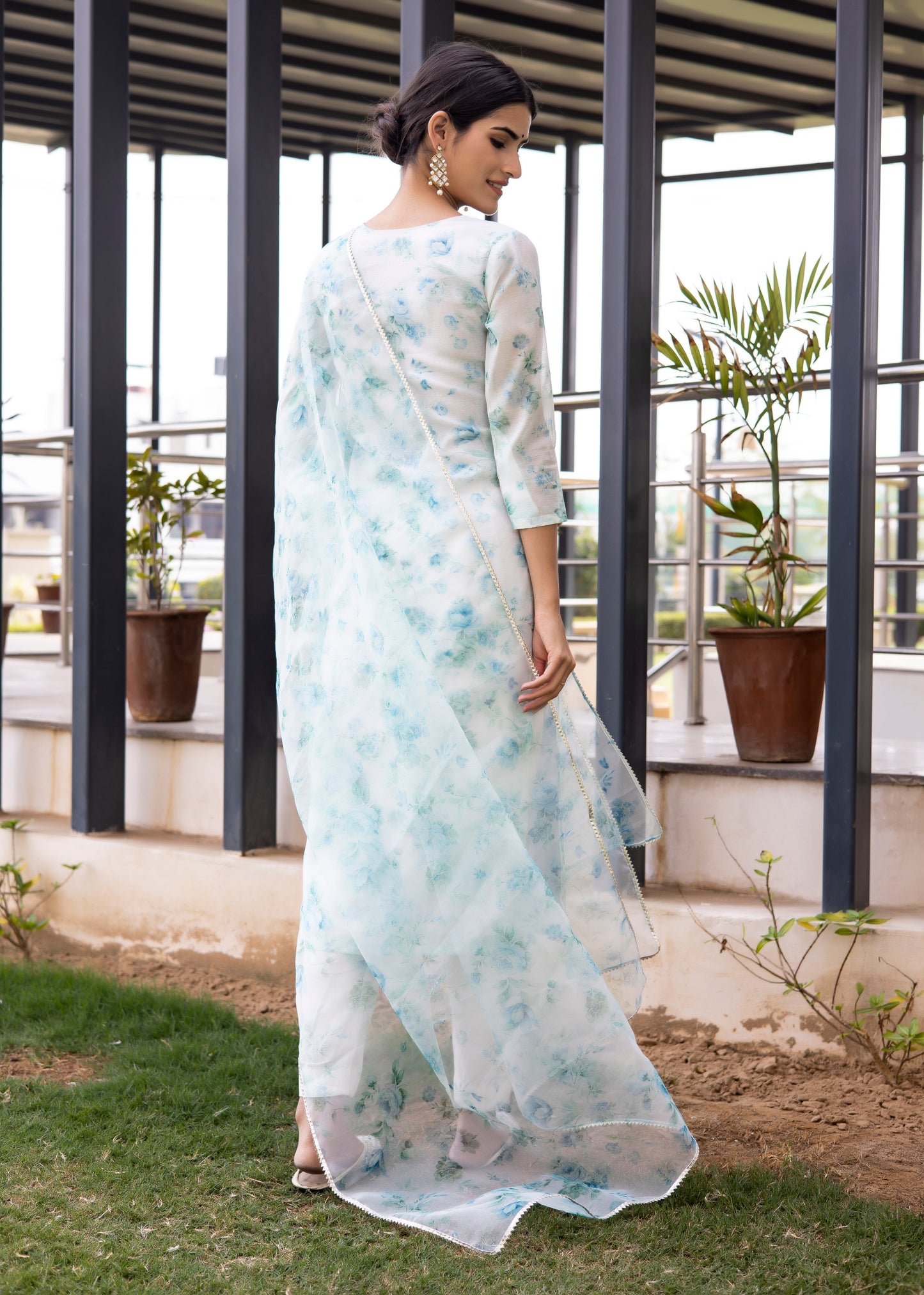 Aqua White Floral Printed Suit Set