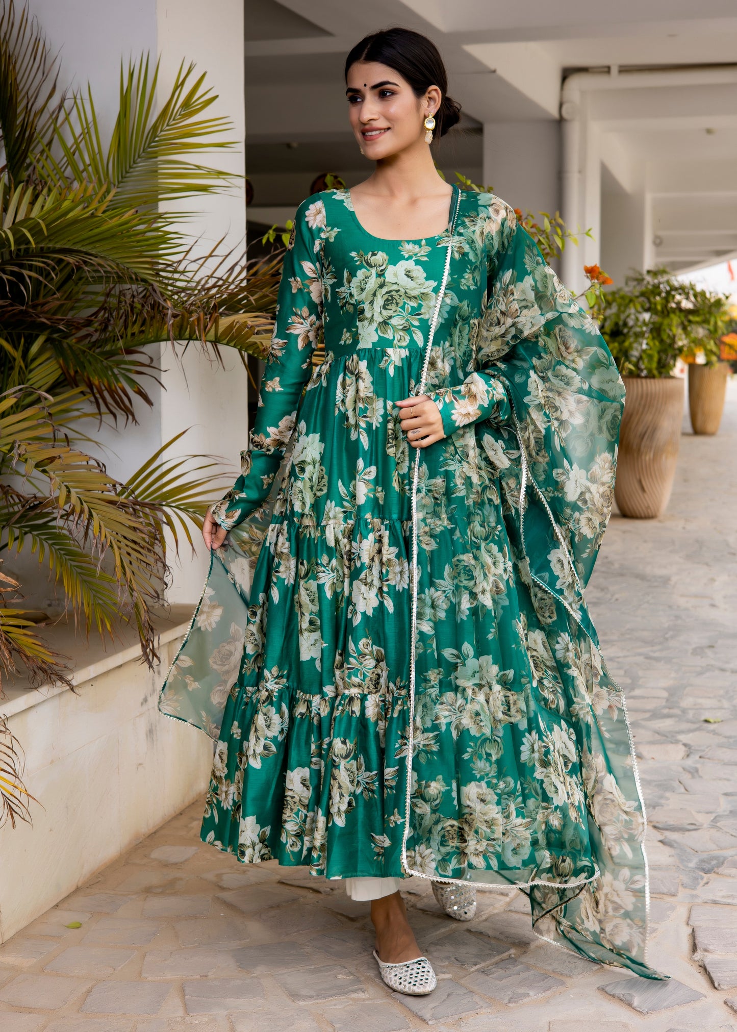 Bottle Green Floral Printed Anarkali