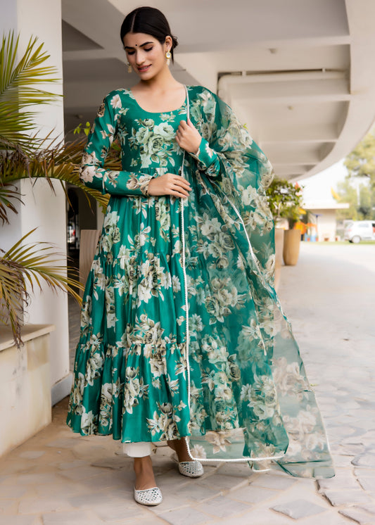 Bottle Green Floral Printed Anarkali