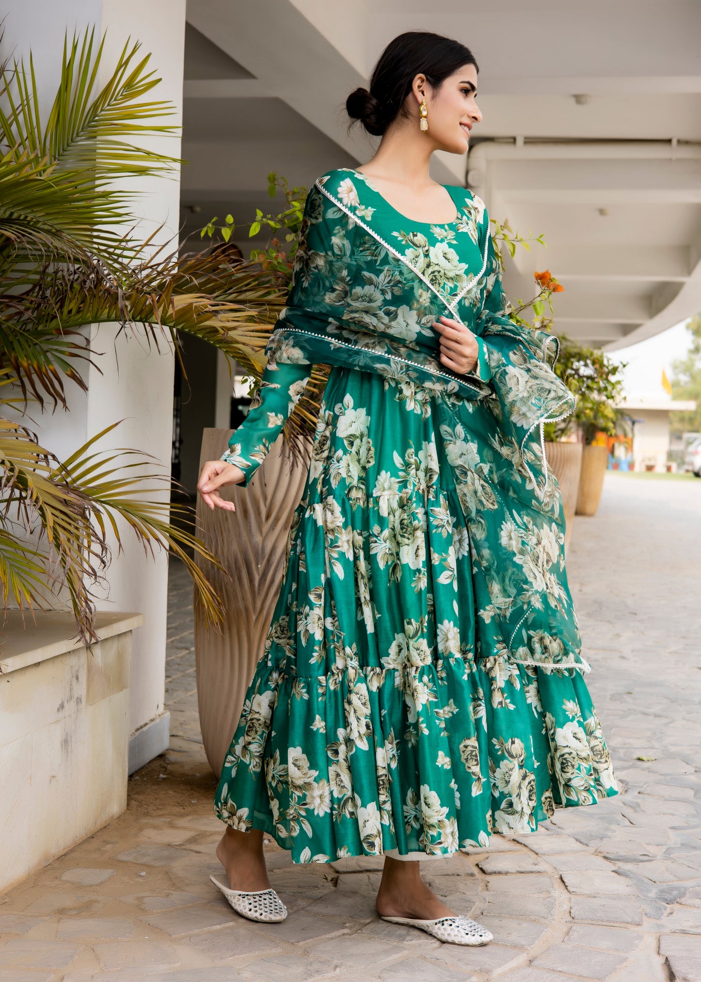 Bottle Green Floral Printed Anarkali