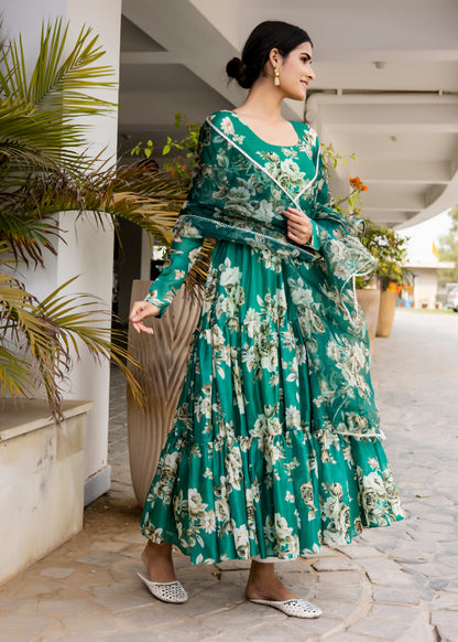 Bottle Green Floral Printed Anarkali