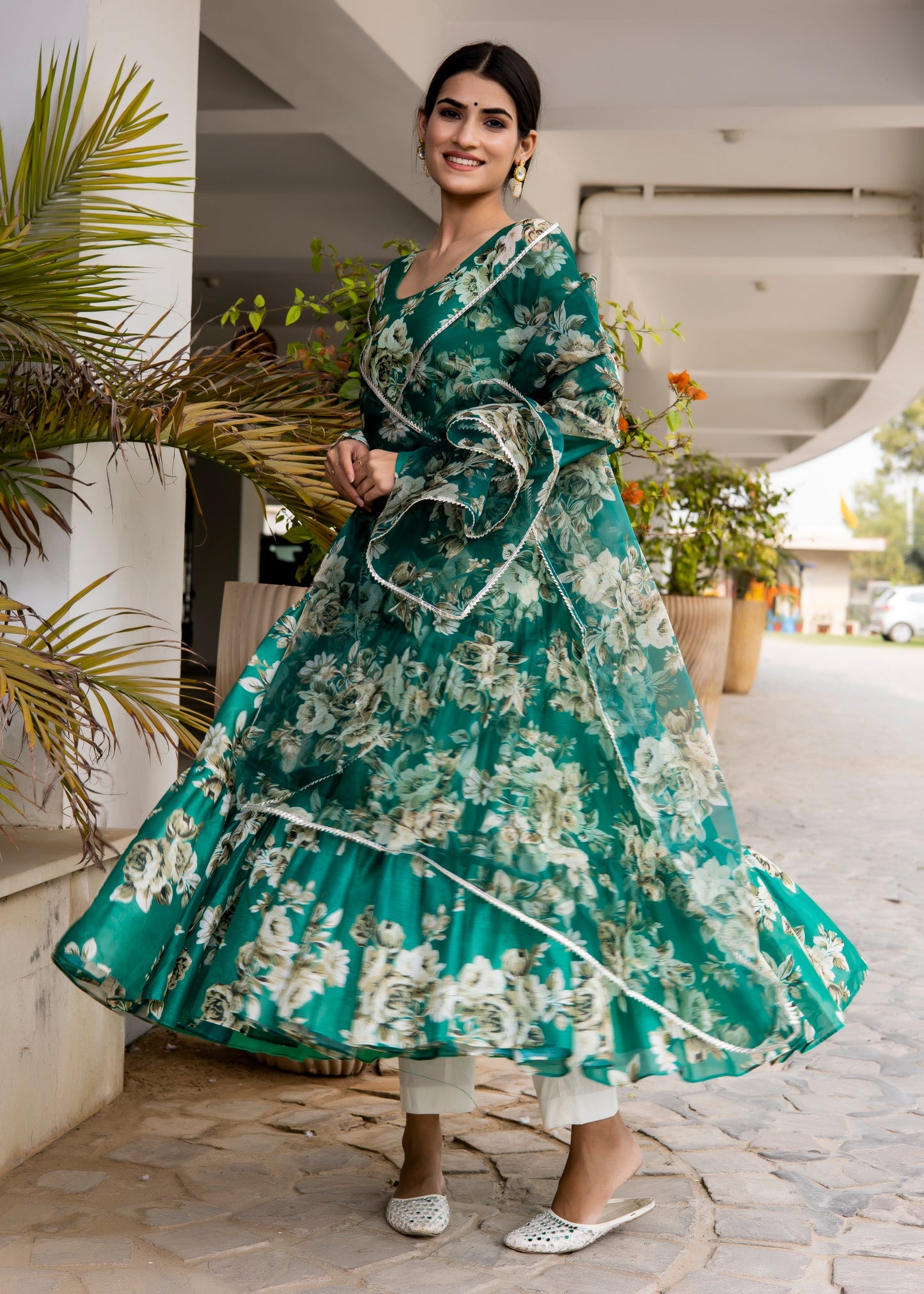 Bottle Green Floral Printed Anarkali