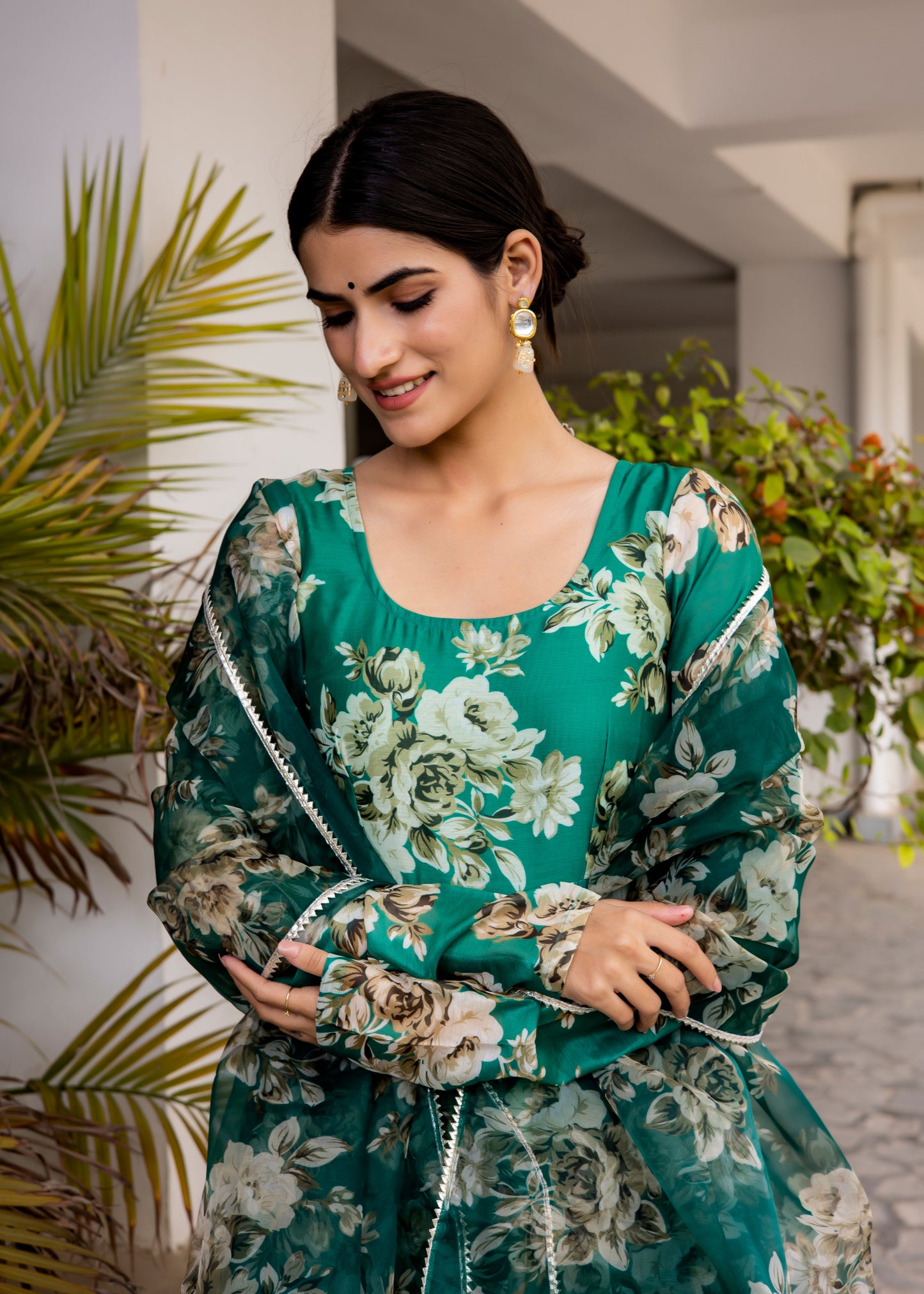 Bottle Green Floral Printed Anarkali