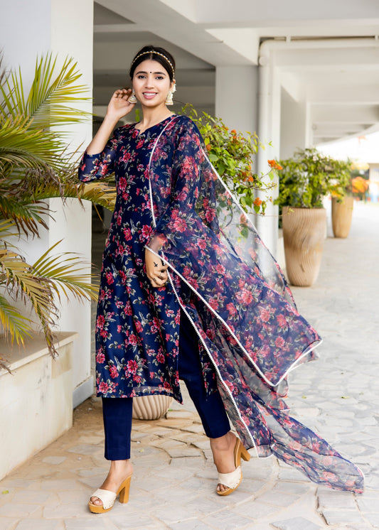 Navy Blue Floral Printed Suit Set