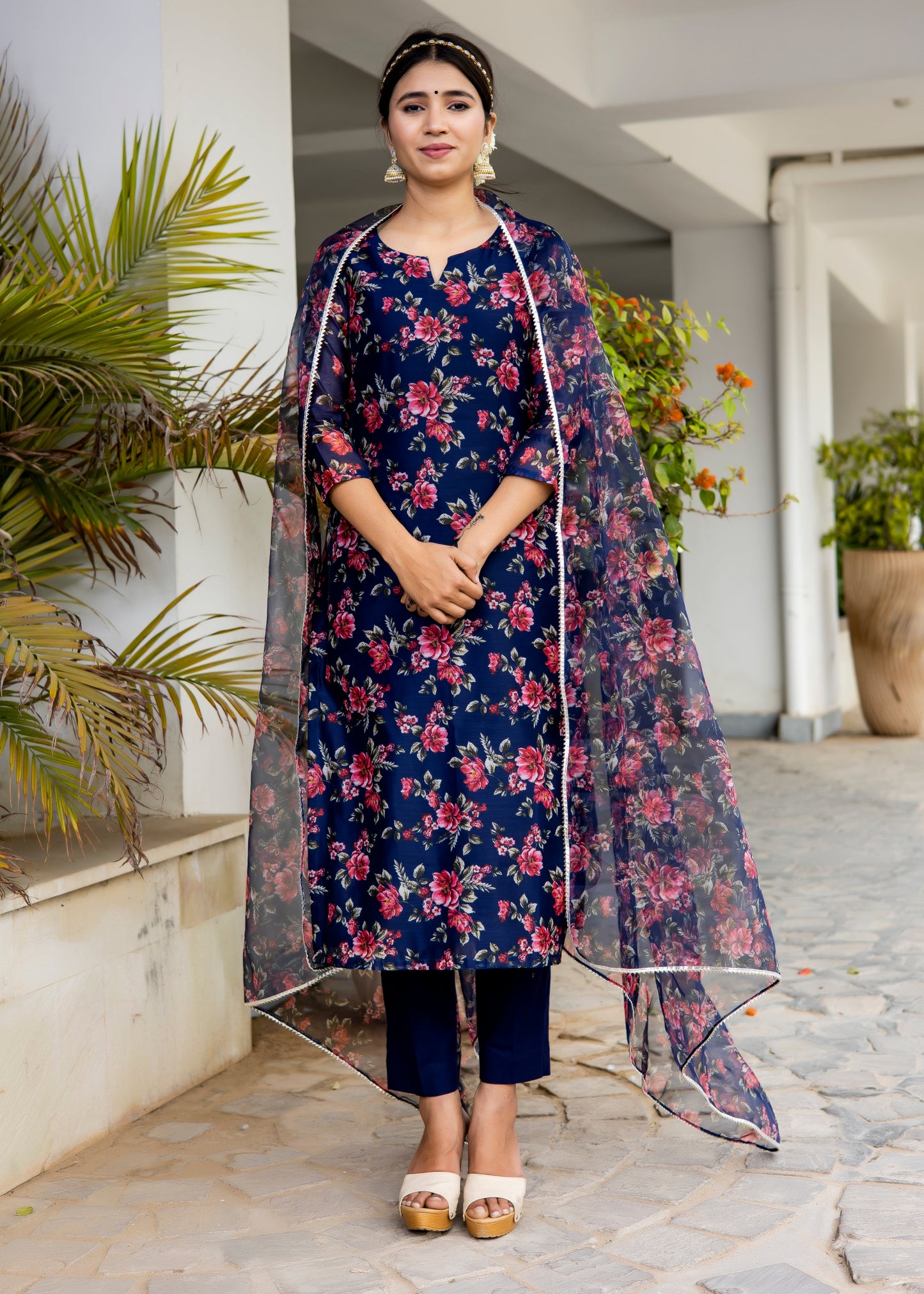 Navy Blue Floral Printed Suit Set