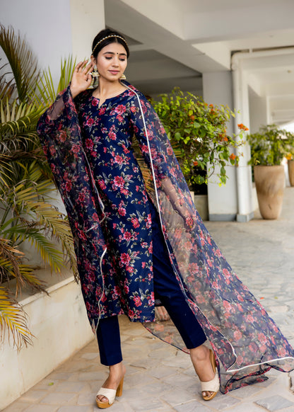 Navy Blue Floral Printed Suit Set