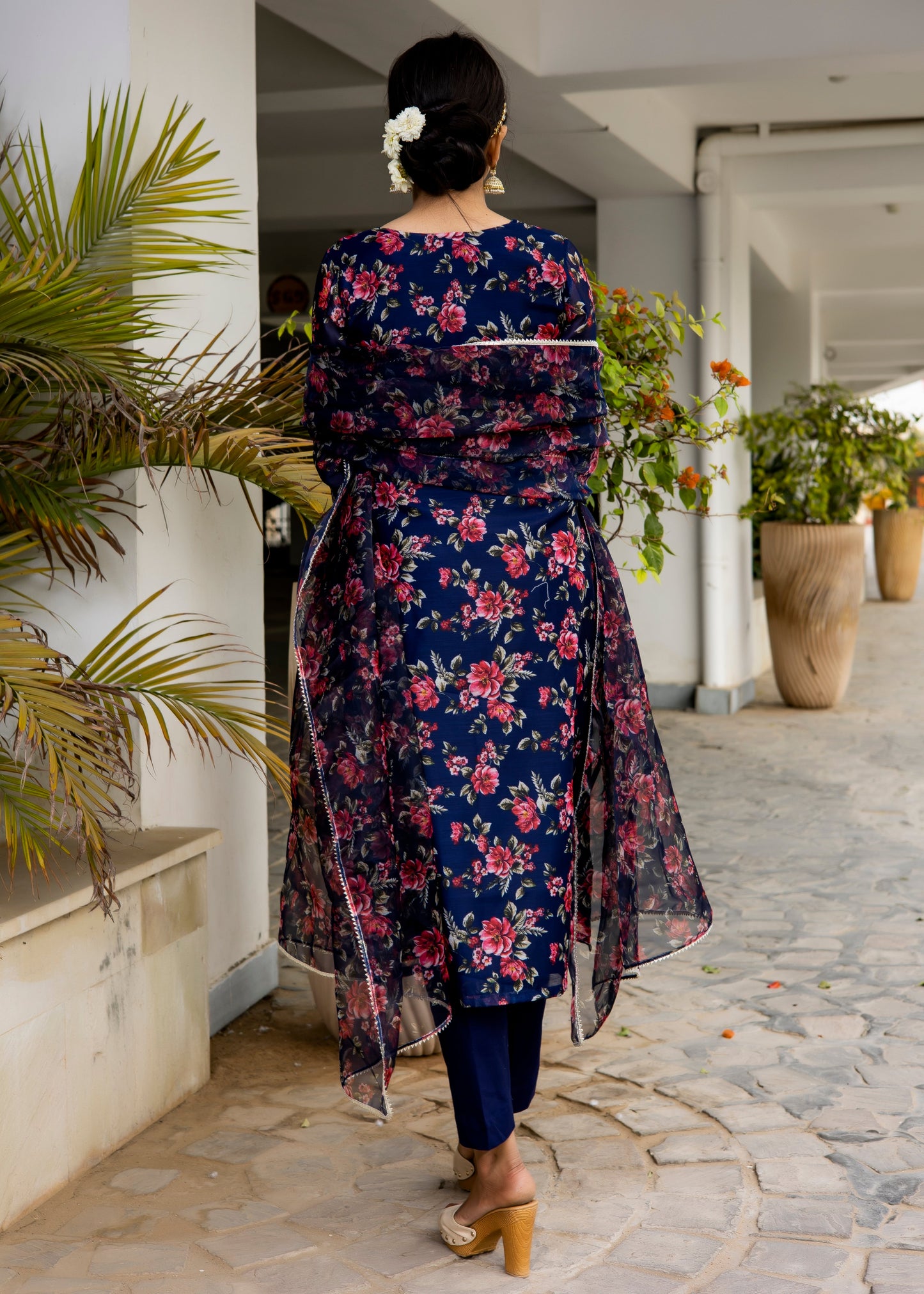 Navy Blue Floral Printed Suit Set