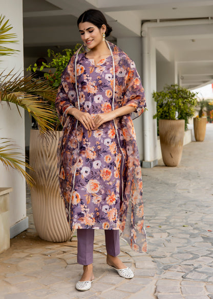 Viola Purple Floral Printed suit set