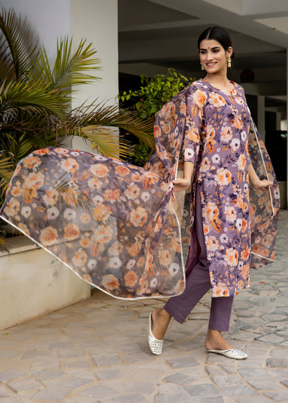 Viola Purple Floral Printed suit set