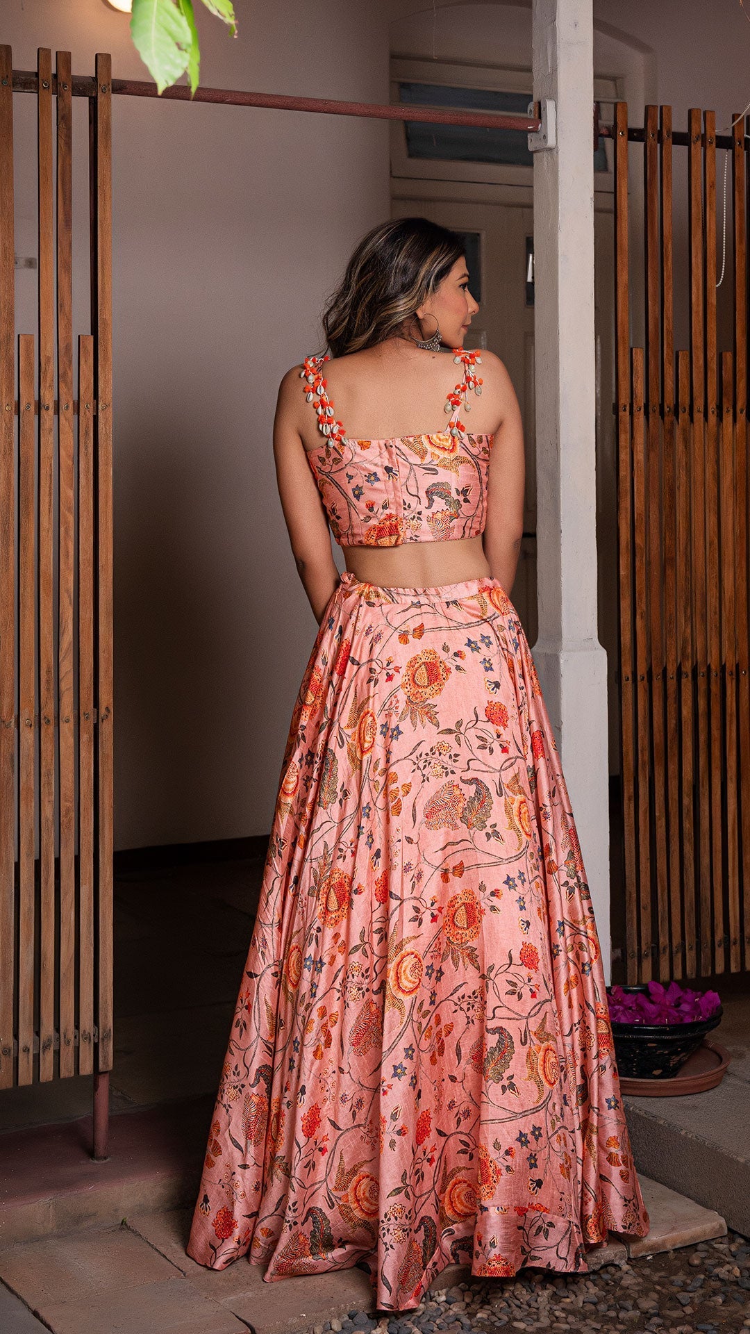 Floral Fantasy Silk Lehenga Set - Peach